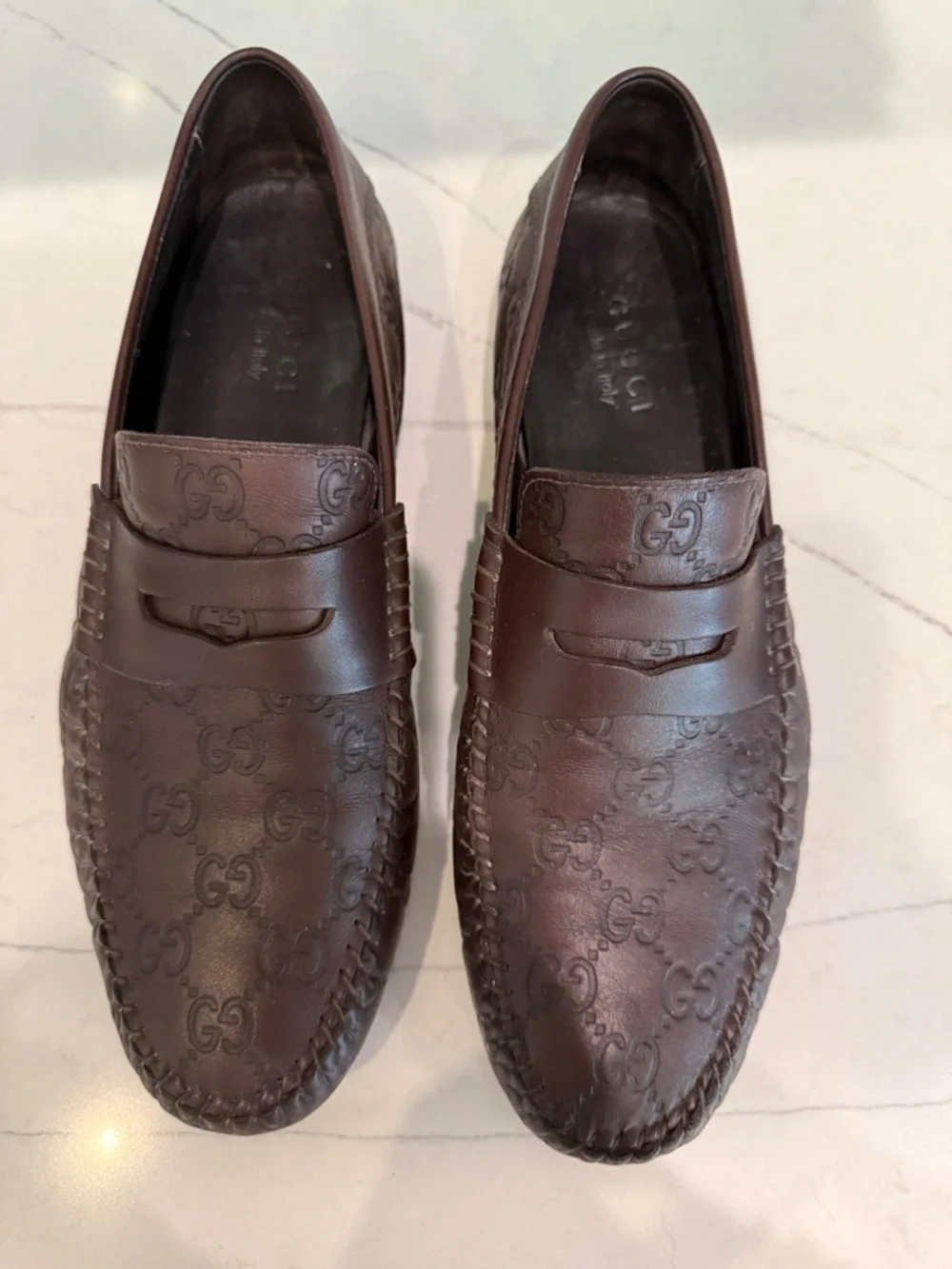 Gucci Brown Embossed GG Leather Penny Loafers - Picture 5 of 12